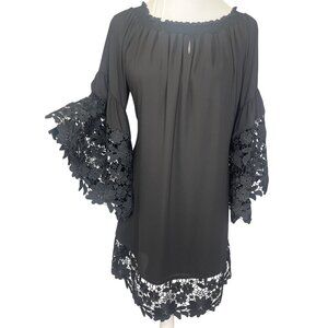 Joseph Ribkoff Dress Lace Bell Sleeves Elastic Neck Ladies Size Large Black